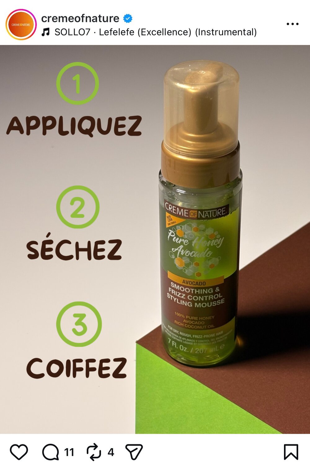 Création de contenu pour Creme of Nature : mousse coiffante Pure Honey Avocado présentée en trois étapes numérotées.