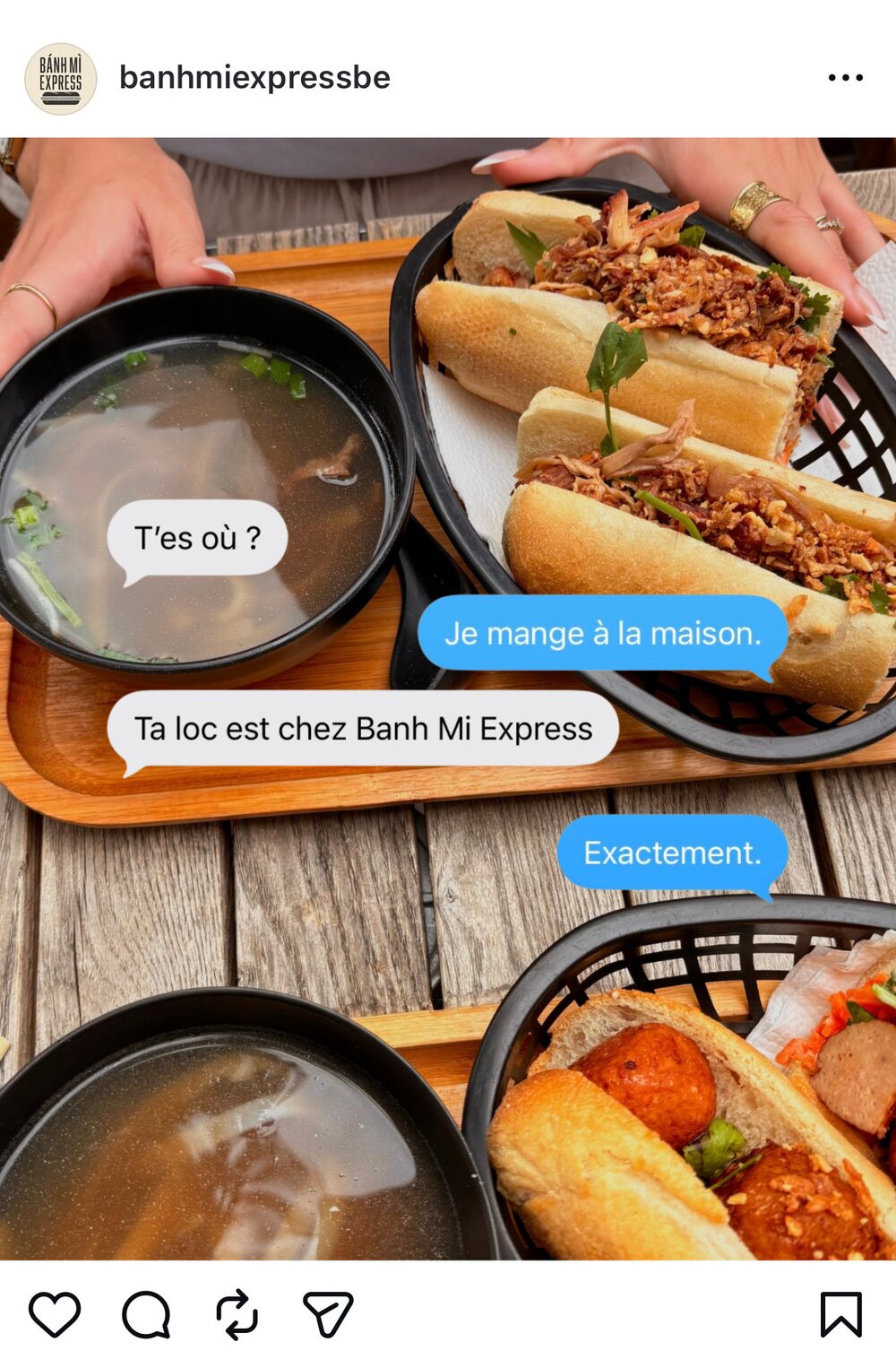 Création de contenu pour Banh Mi Express : visuel repas banh mì avec une conversation messagerie superposée.